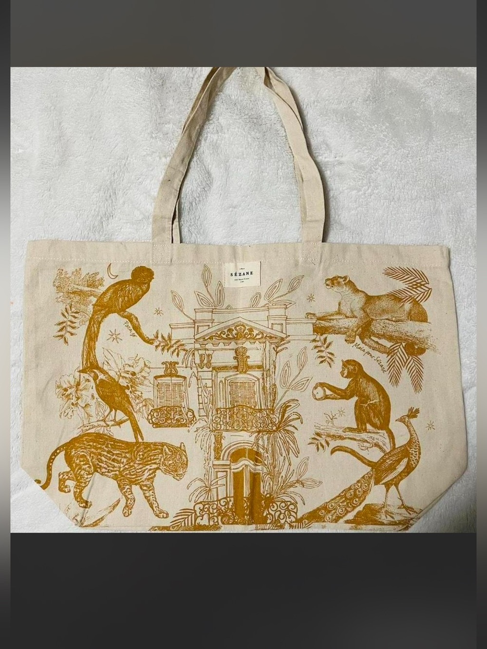 Sezane Beige Canvas Tote with Mustard Animal Print